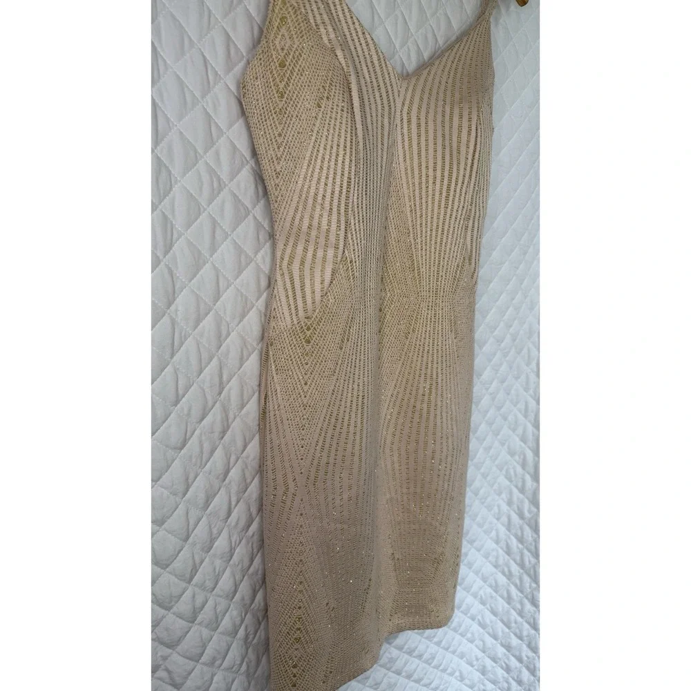 NWT Haute Monde Geometric Nude Gold Metallic Bodycon Dress Size L Art Deco Style